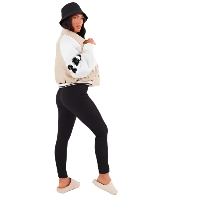 Womens Beige Varsity Leather Bomber Jacket - Riders Republic UK