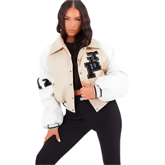 Womens Beige Varsity Leather Bomber Jacket - Riders Republic UK