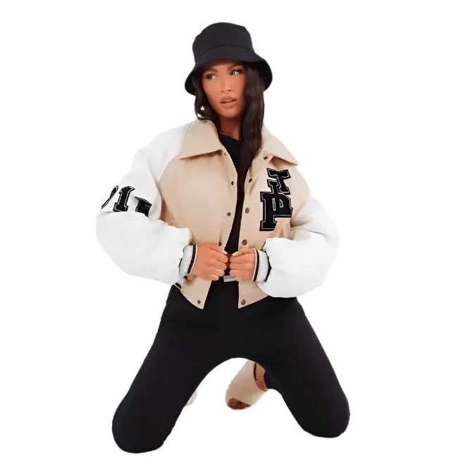 Womens Beige Varsity Leather Bomber Jacket - Riders Republic UK