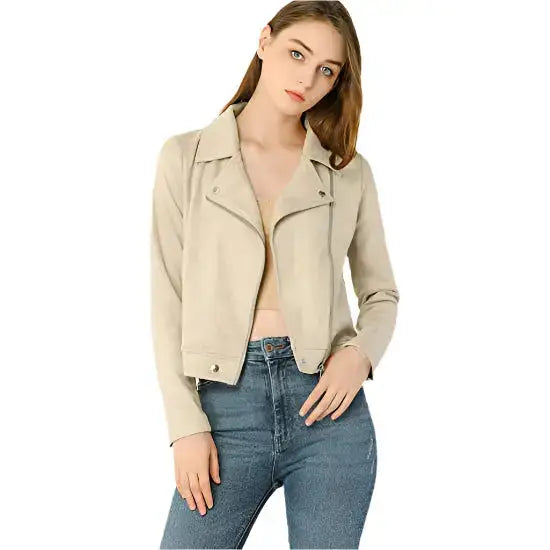 Beige Suede Leather Biker Jacket Women - Riders Republic UK