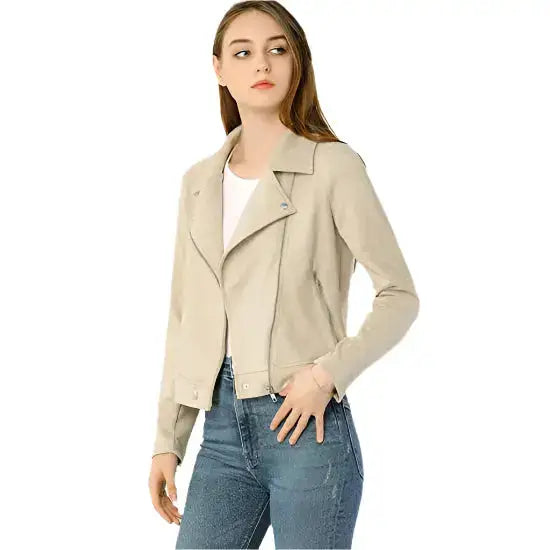 Beige Suede Leather Biker Jacket Women - Riders Republic UK
