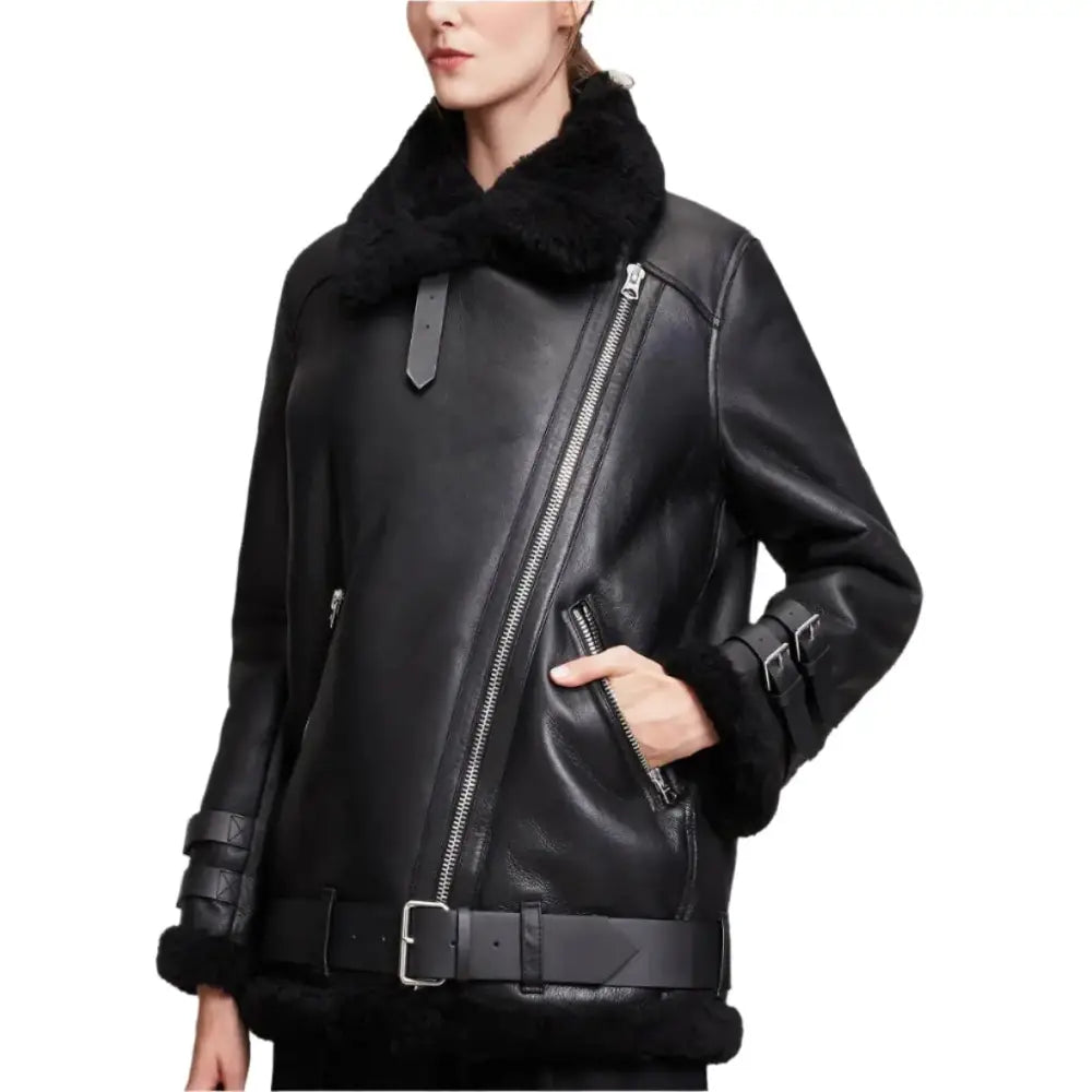 Womens Black Leather B3 Bomber Jacket - Riders Republic UK