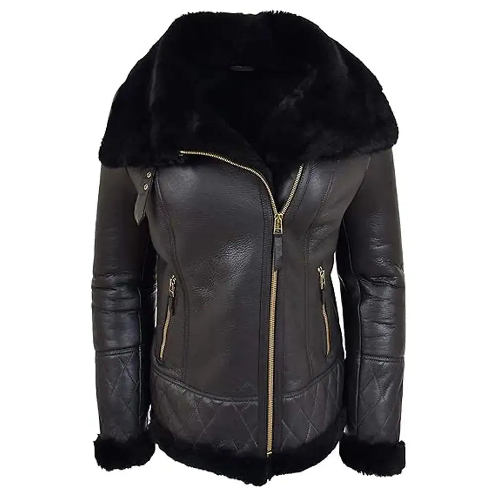 Womens Black Merino Shearling Aviator Jacket - Riders Republic UK