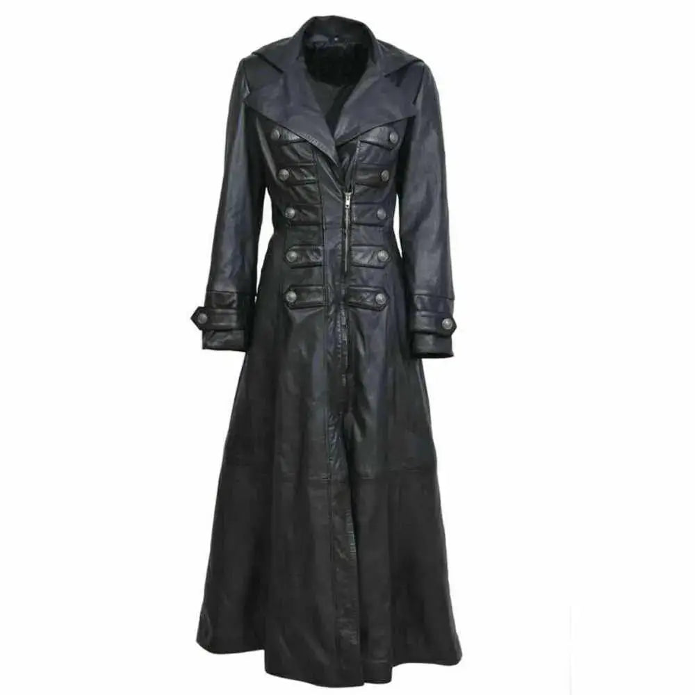 Women’s Black Leather Military Trench Coat - Riders Republic UK