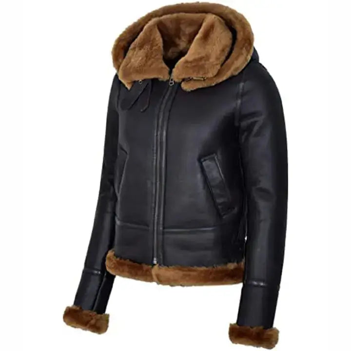 Womens Black Hooded Sheepskin Aviator Jacket - Riders Republic UK