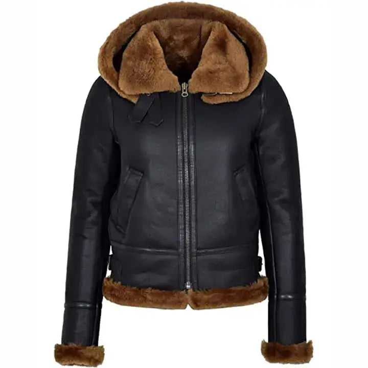 Womens Black Hooded Sheepskin Aviator Jacket - Riders Republic UK