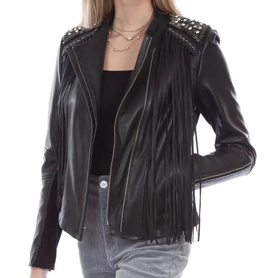 Black Lamb Leather Fringe Studded Jacket Womens - Riders Republic UK