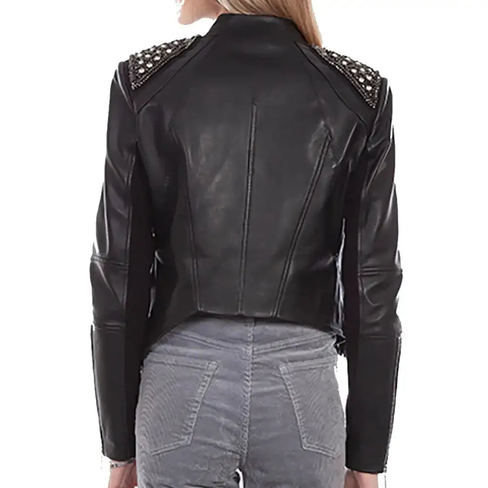 Black Lamb Leather Fringe Studded Jacket Womens - Riders Republic UK