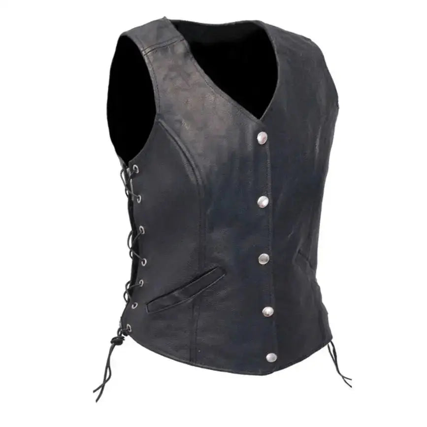 Womens Black Leather Biker Vest - Riders Republic UK