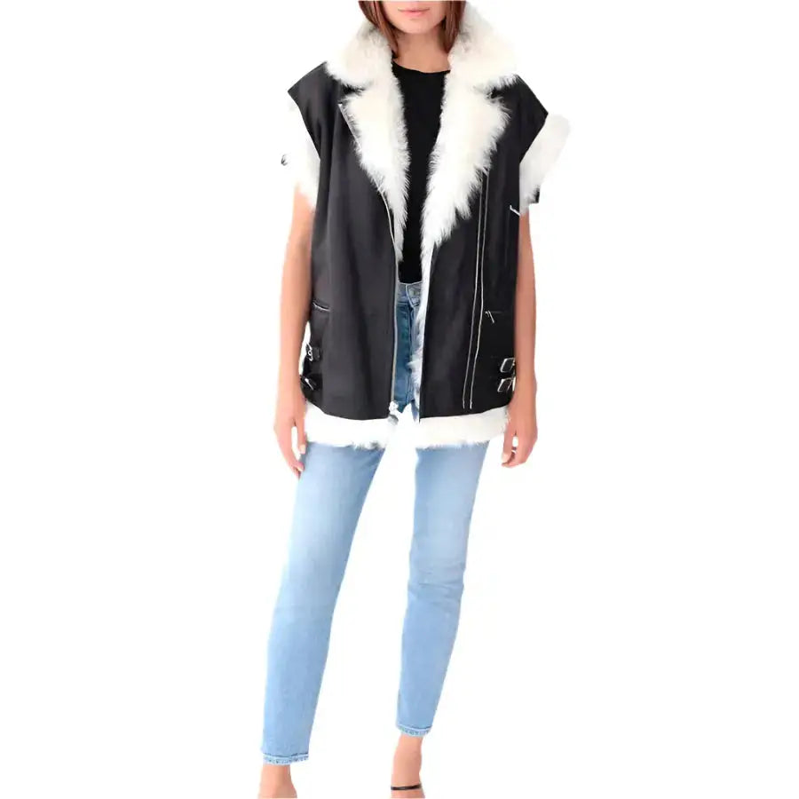 Black Leather Biker Vest with White Fur for Women - Riders Republic UK