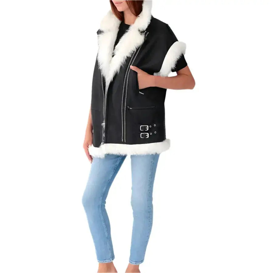 Black Leather Biker Vest with White Fur for Women - Riders Republic UK