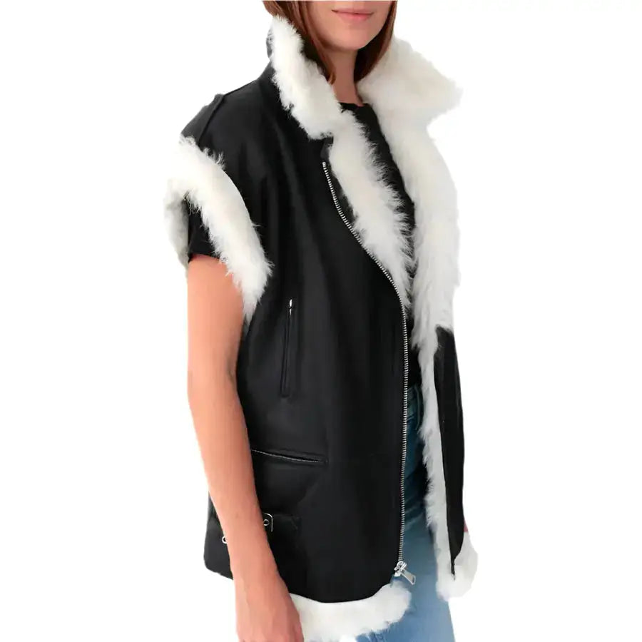 Black Leather Biker Vest with White Fur for Women - Riders Republic UK