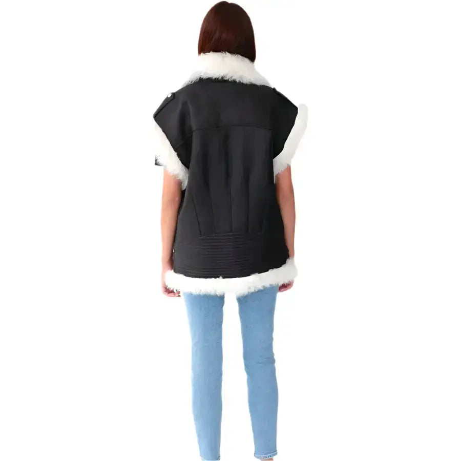 Black Leather Biker Vest with White Fur for Women - Riders Republic UK