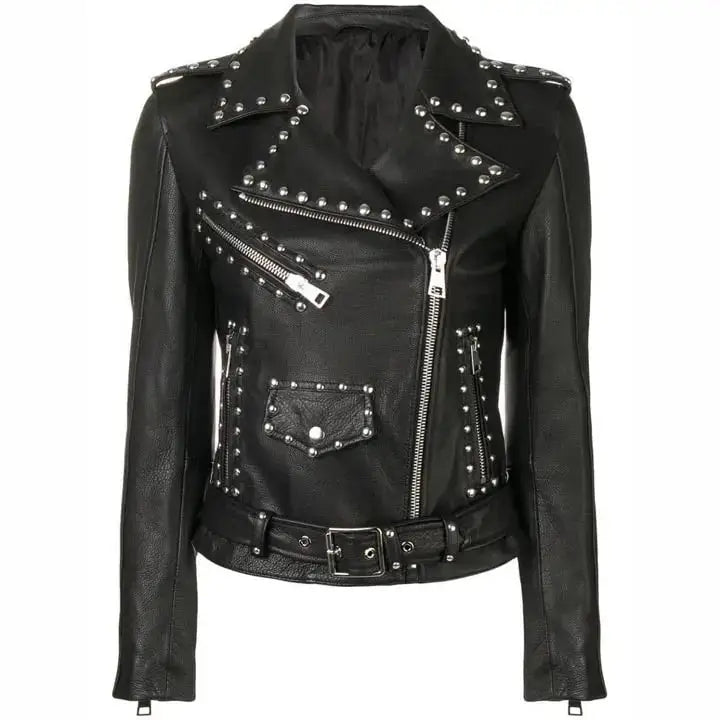 Black Leather Brando Studded Jacket for Women - Riders Republic UK