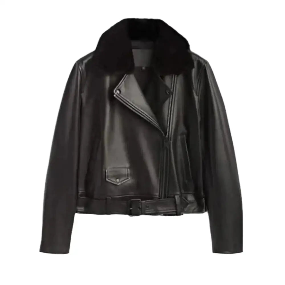 Womens Black Leather Jacket with Fur Collar - Riders Republic UK
