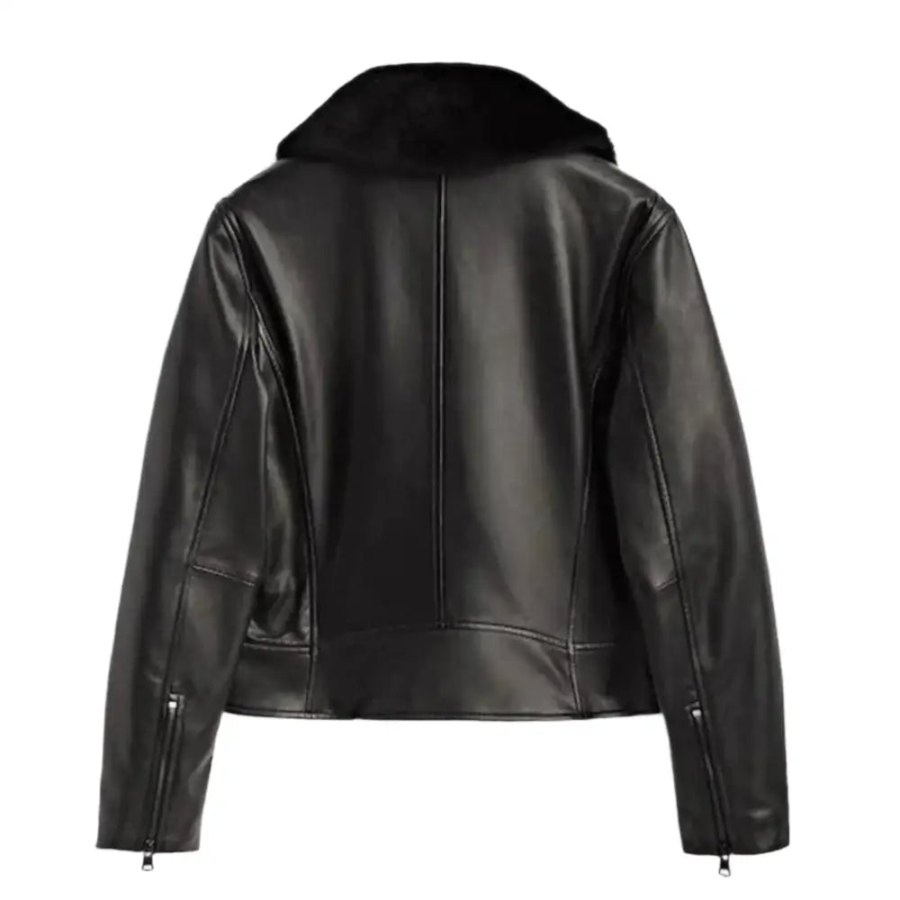 Womens Black Leather Jacket with Fur Collar - Riders Republic UK