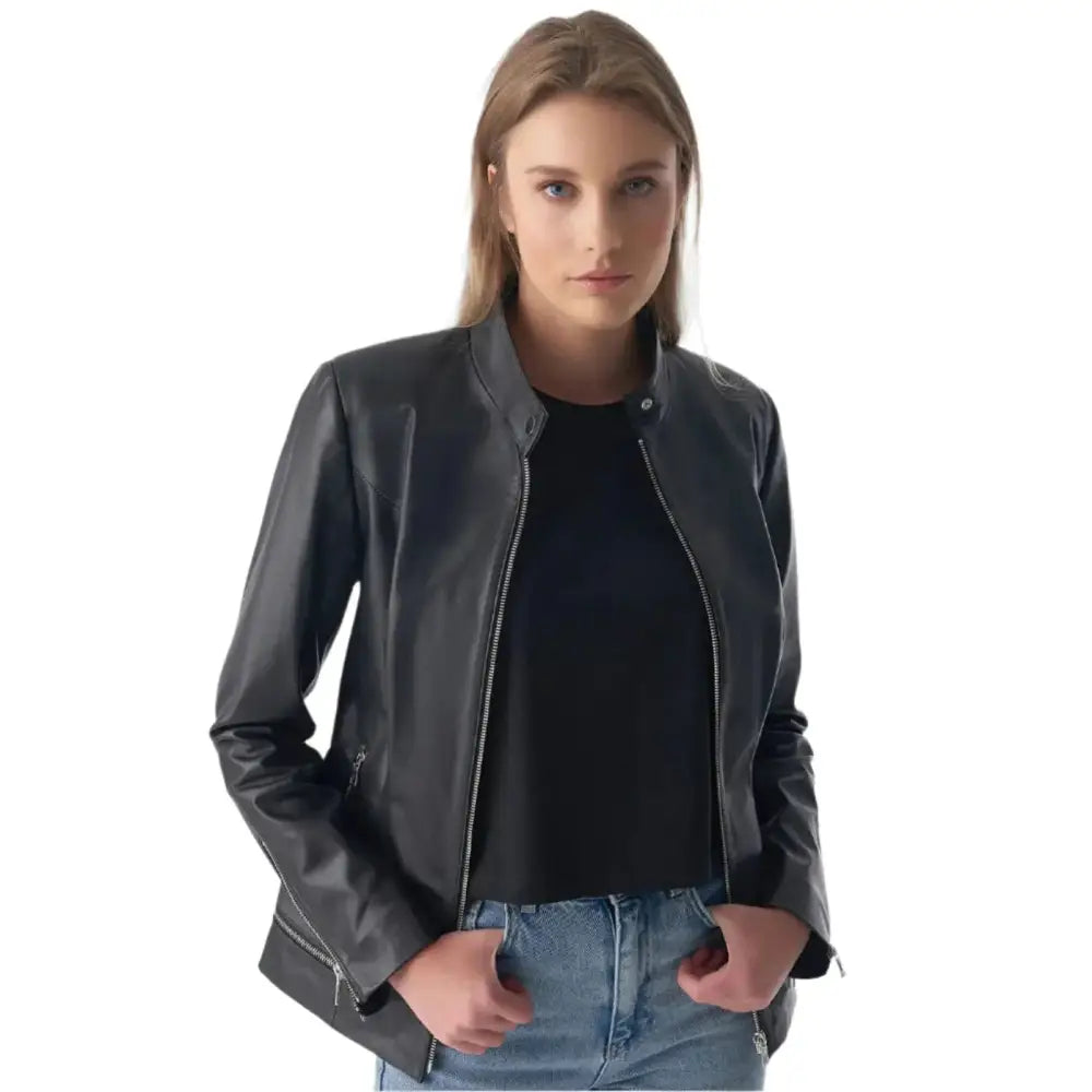 Black Leather Jacket with Zipper Hem - Riders Republic UK