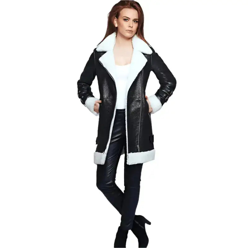Black Leather Shearling Long Coat Women - Riders Republic UK