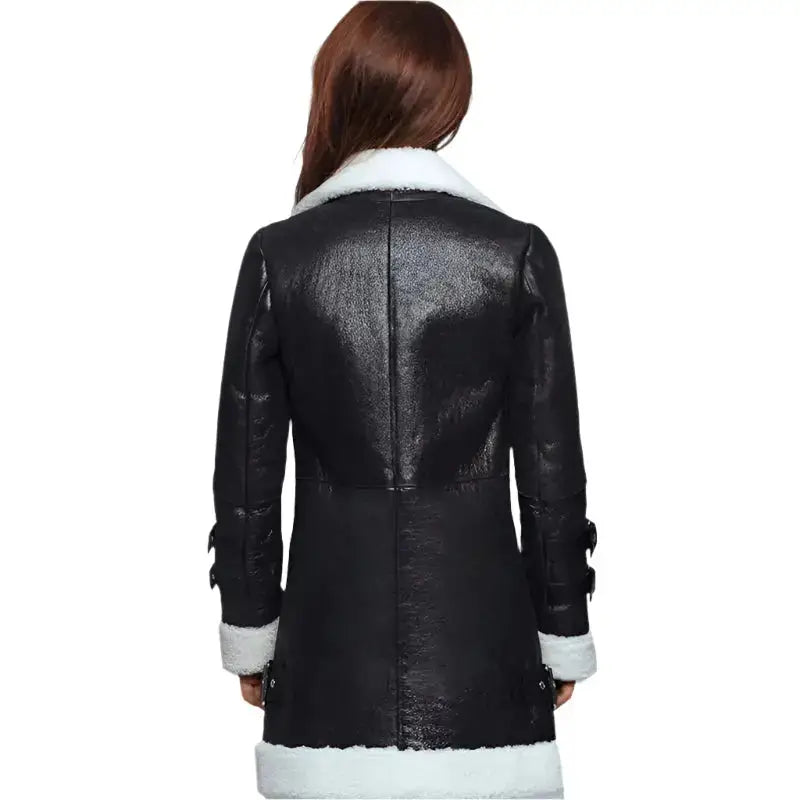 Black Leather Shearling Long Coat Women - Riders Republic UK