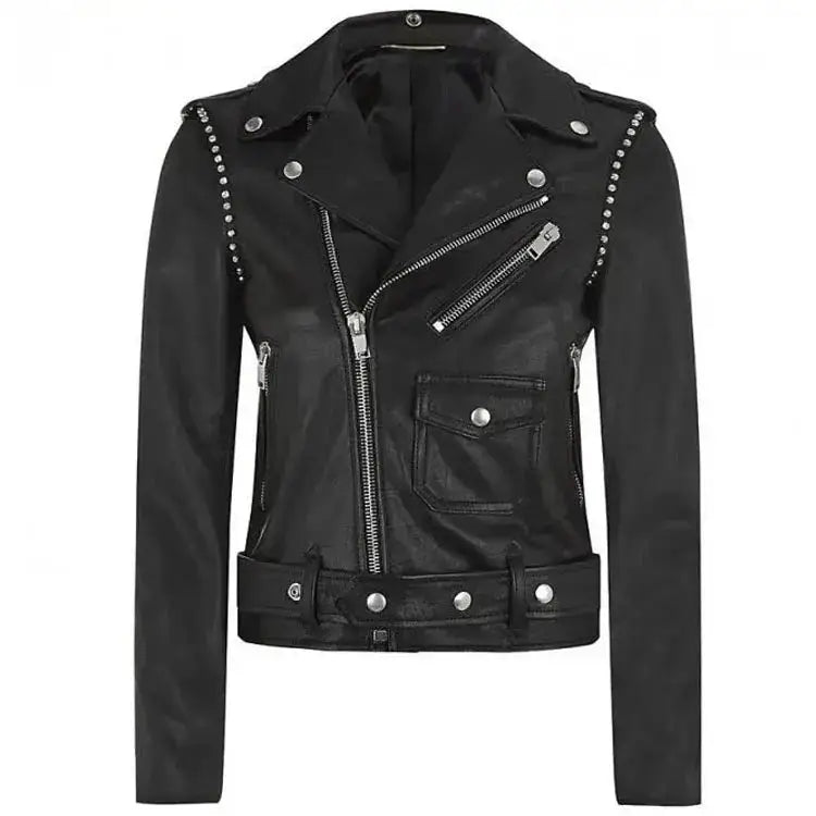 Womens Black Studded Leather Motorcycle Jacket - Riders Republic UK