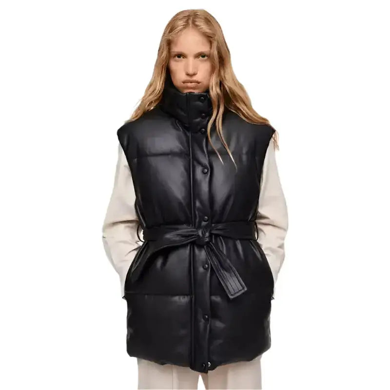 Womens Black Leather Puffer Vest - Riders Republic UK