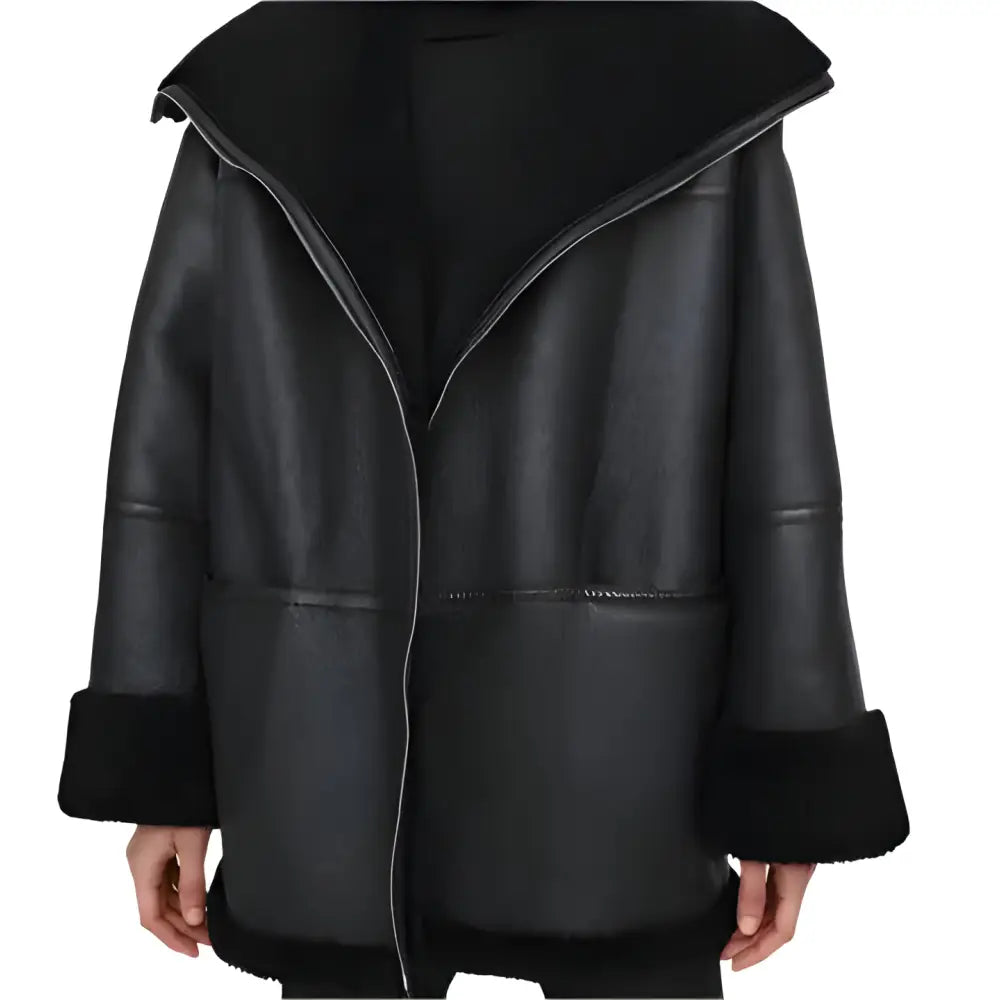 Black Oversized Shearling Leather Jacket Womens - Riders Republic UK