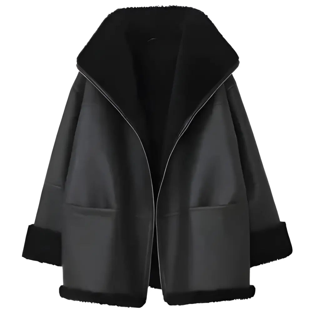 Black Oversized Shearling Leather Jacket Womens - Riders Republic UK