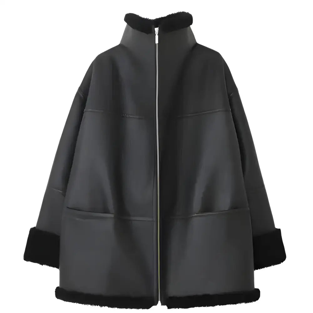 Black Oversized Shearling Leather Jacket Womens - Riders Republic UK