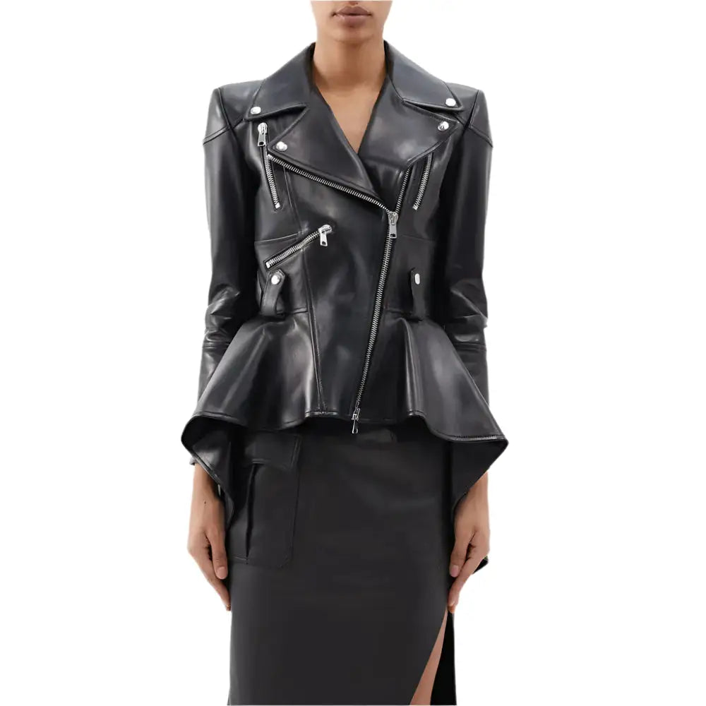 Black Peplum Leather Biker Jacket Women - Riders Republic UK