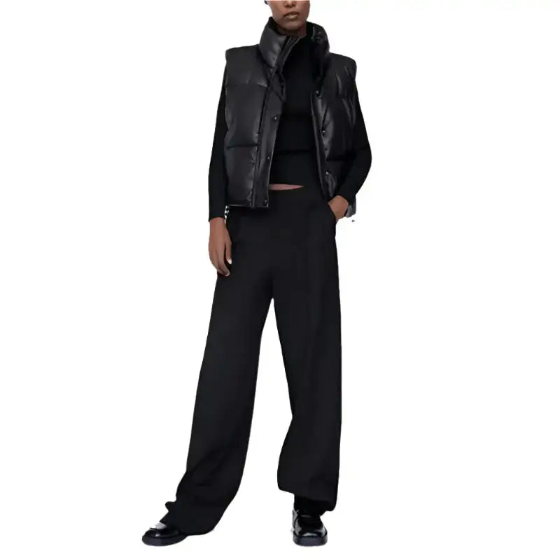 Womens Black Leather Puffer Vest - Riders Republic UK