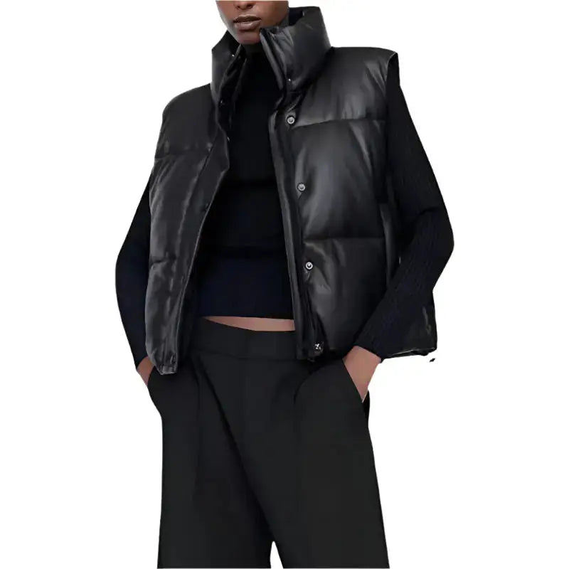 Womens Black Leather Puffer Vest - Riders Republic UK