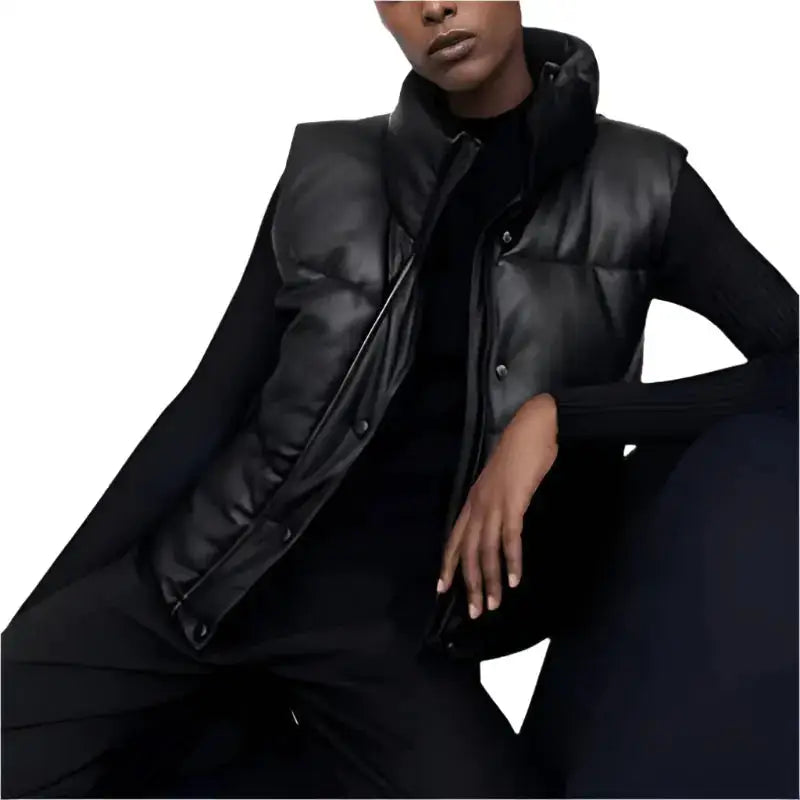 Womens Black Leather Puffer Vest - Riders Republic UK