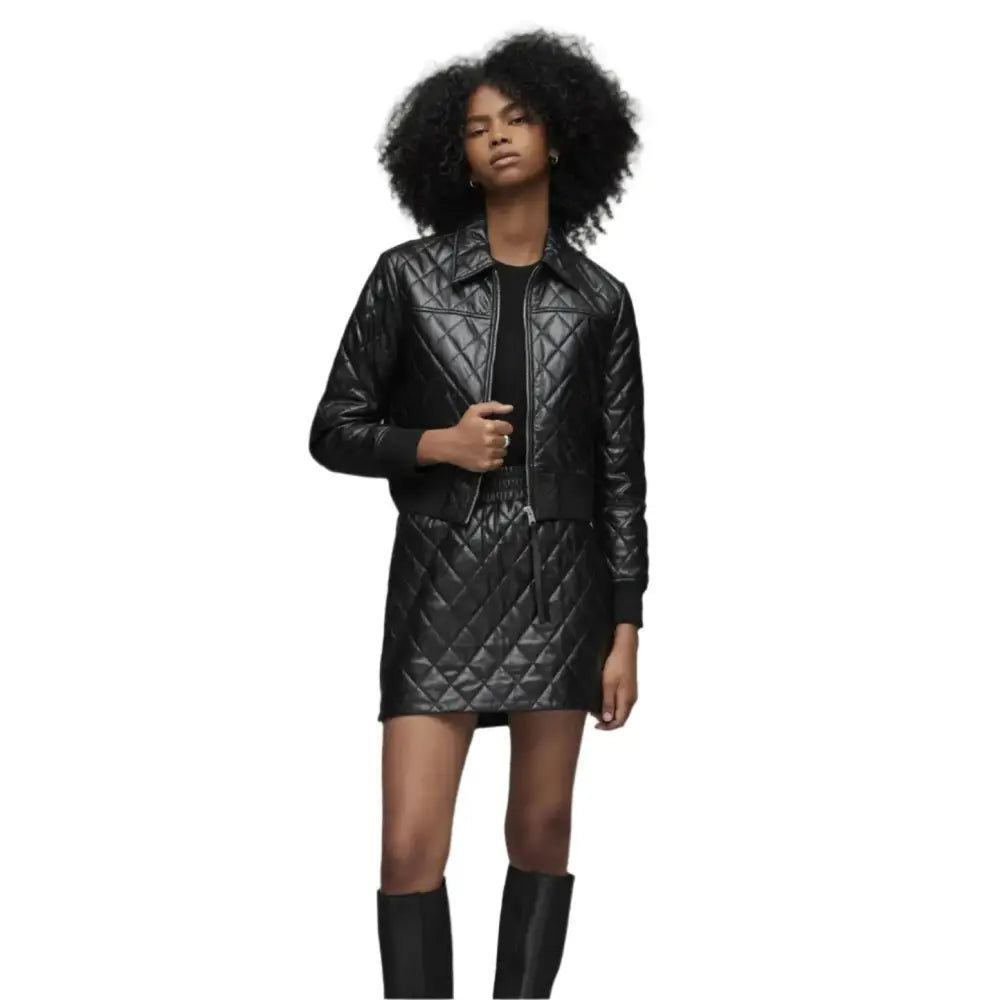 Womens Black Quilted Leather Bomber Jacket - Riders Republic UK