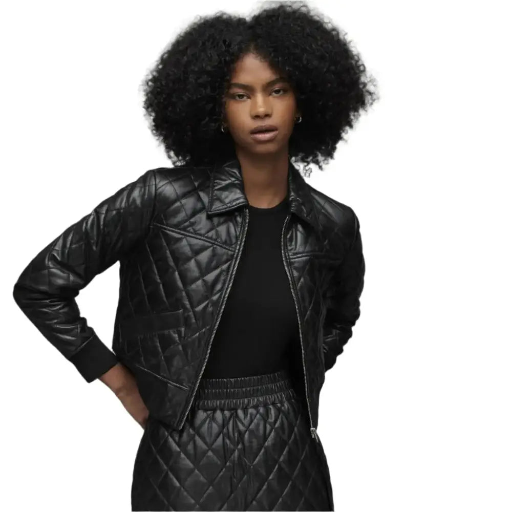 Womens Black Quilted Leather Bomber Jacket - Riders Republic UK