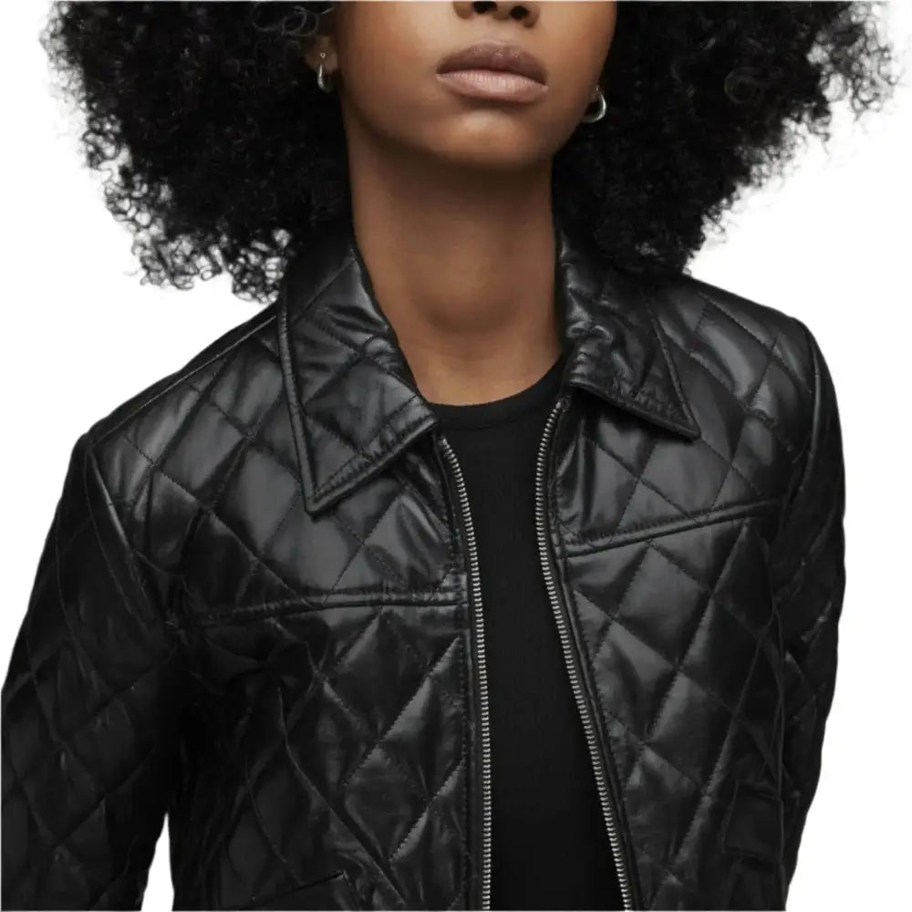 Womens Black Quilted Leather Bomber Jacket - Riders Republic UK