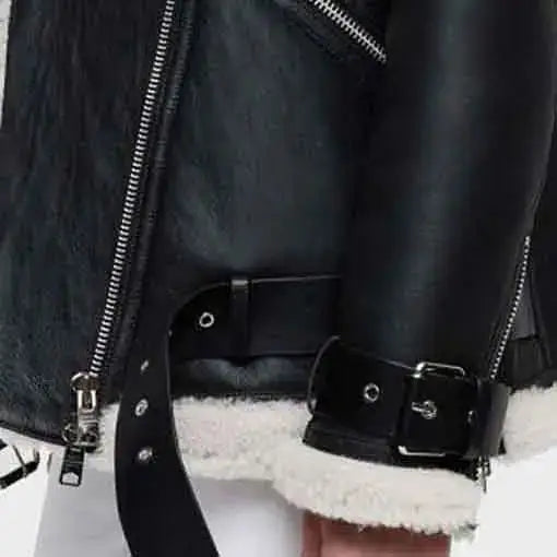 Womens Black Shearling Biker Jacket - Riders Republic UK