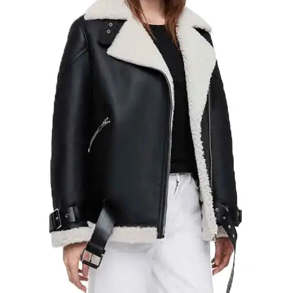 Womens Black Shearling Biker Jacket - Riders Republic UK
