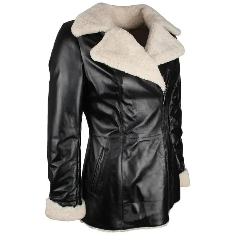 Womens Black Shearling Lambskin Trench Coat - Riders Republic UK