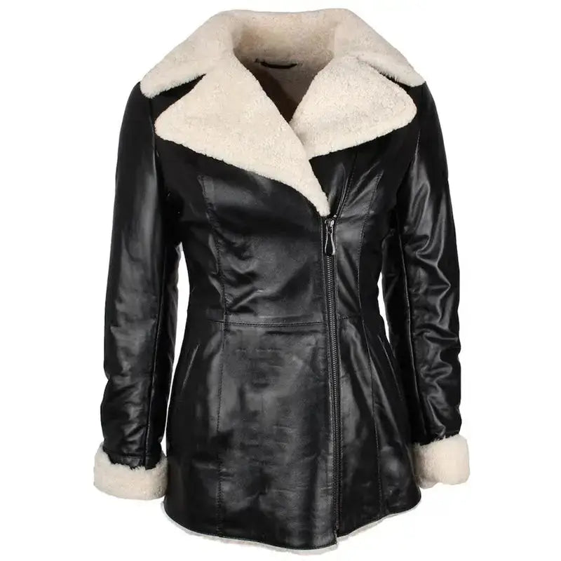 Womens Black Shearling Lambskin Trench Coat - Riders Republic UK