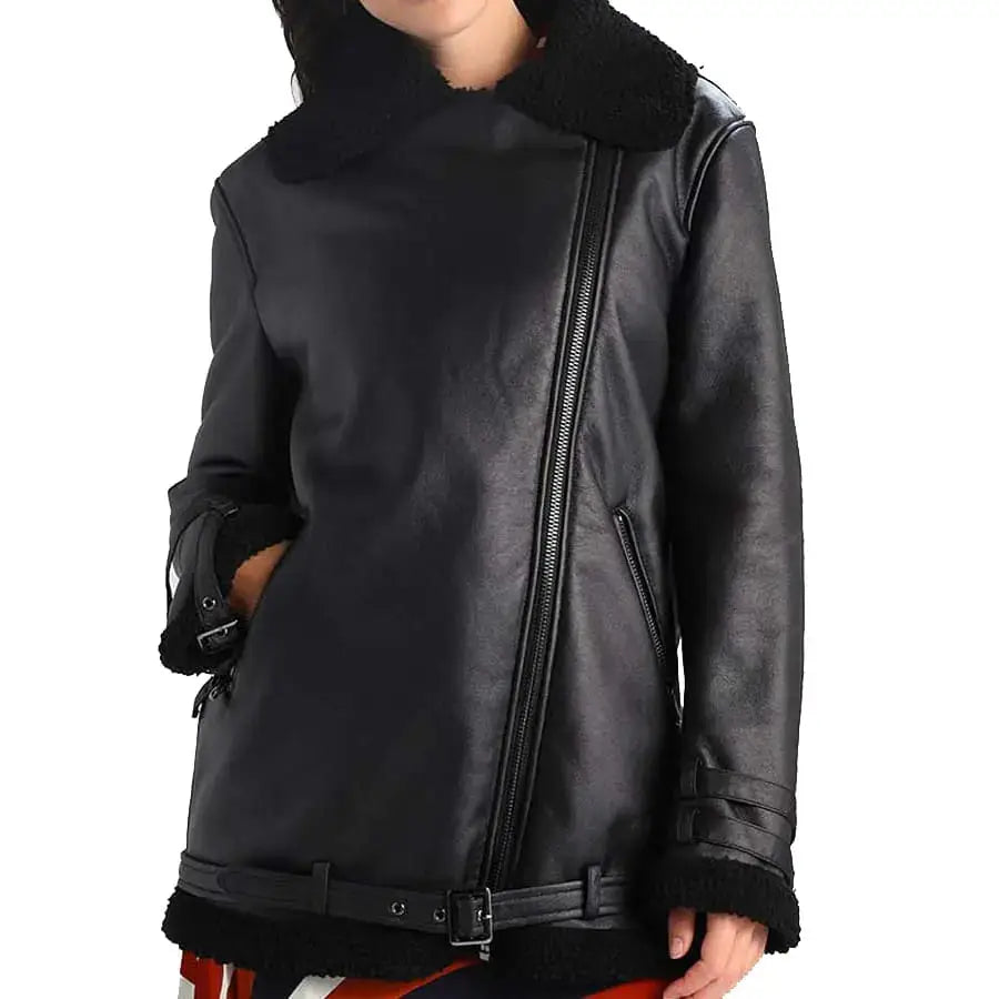 Womens Black Shearling Leather Aviator Jacket - Riders Republic UK