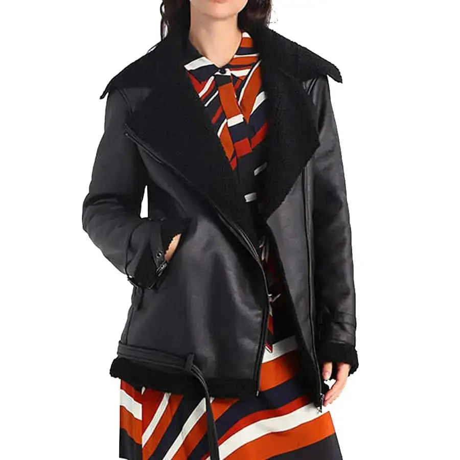 Womens Black Shearling Leather Aviator Jacket - Riders Republic UK