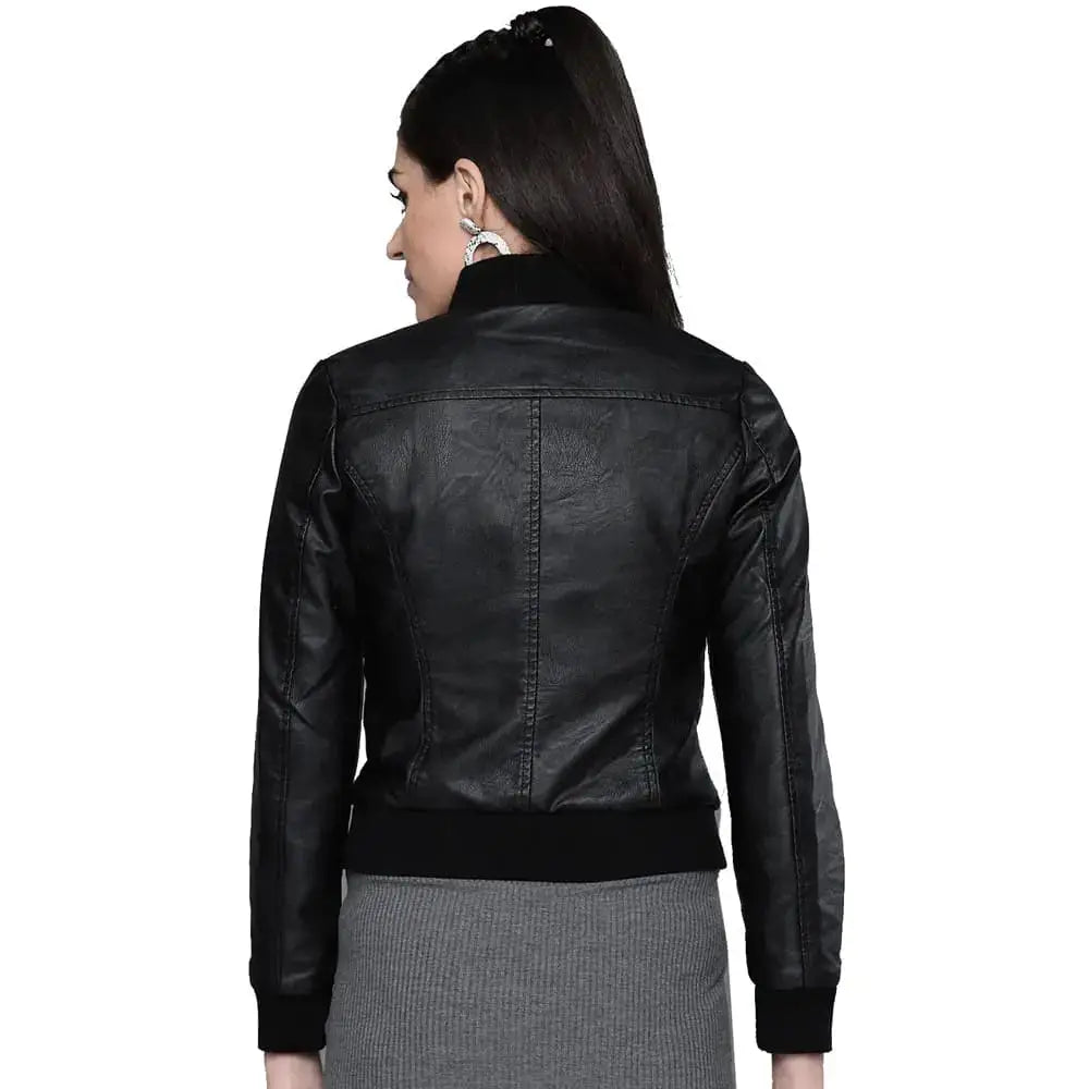 Womens Black Leather Bomber Jacket - Riders Republic UK