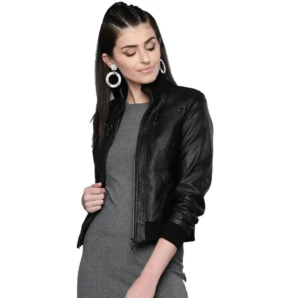 Womens Black Leather Bomber Jacket - Riders Republic UK