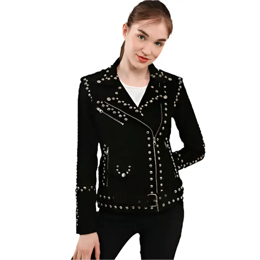 Womens Black Studded Suede Biker Jacket - Riders Republic UK