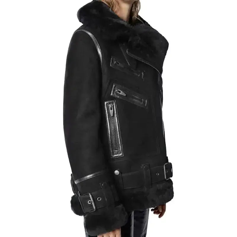 Womens Black Suede Shearling Leather Jacket - Riders Republic UK