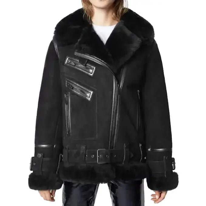 Womens Black Suede Shearling Leather Jacket - Riders Republic UK