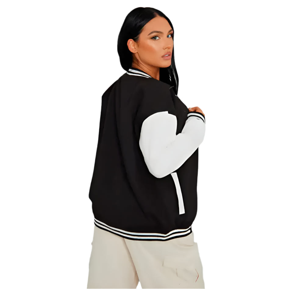 Womens Black Leather Varsity Bomber Jacket - Riders Republic UK