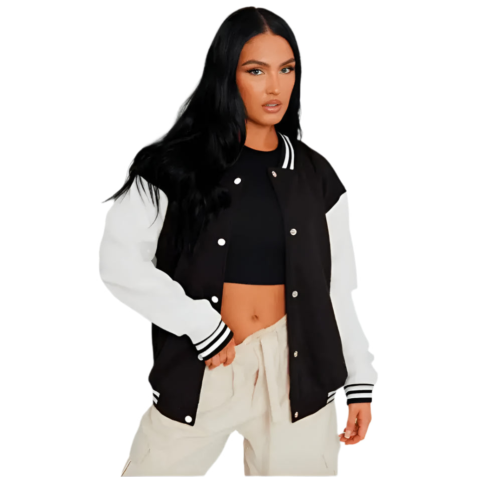 Womens Black Leather Varsity Bomber Jacket - Riders Republic UK