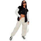 Womens Black Leather Varsity Bomber Jacket - Riders Republic UK
