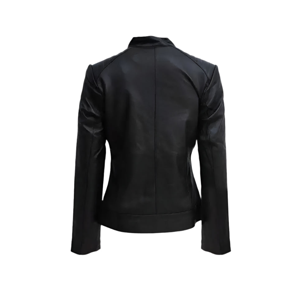 Womens Black Zipper Biker Jacket with Lip Collar - Riders Republic UK